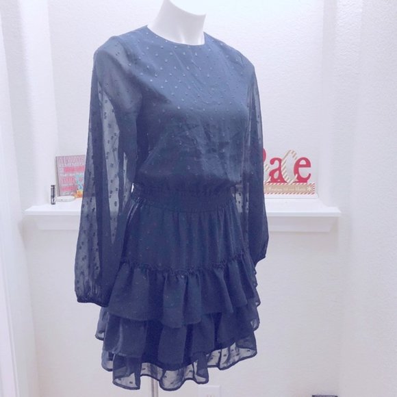 Express Clip Dot Dress Smocked Tiered Long Sleeves Mock Neck Size XS New w/Tag - Picture 6 of 11
